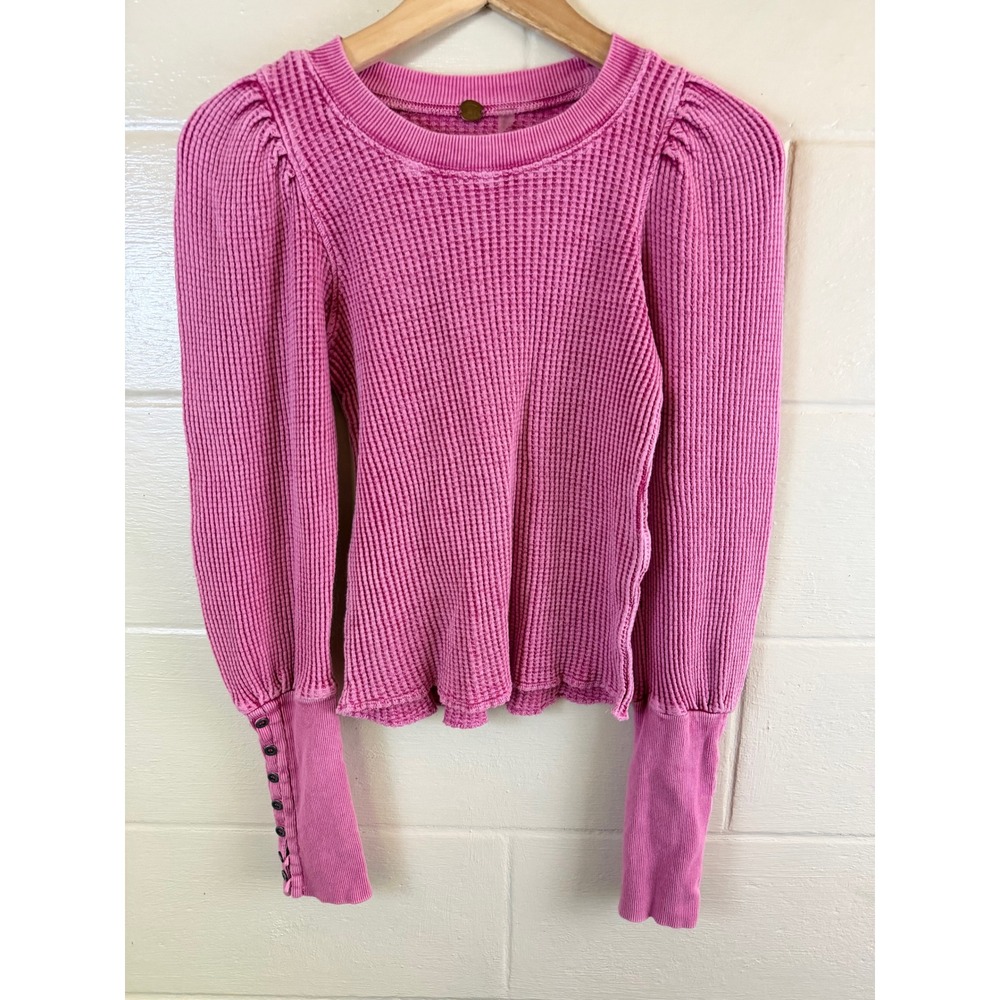 Free People FP One Waffle Knit Top Women Small Pink Puff Sleeve Button Cuff